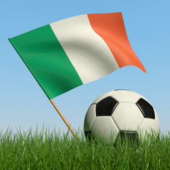 Soccer ball in the grass and flag of Ireland.