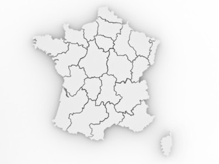 Three-dimensional map of France on white isolated background