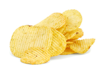 Pile of potato chips on white background
