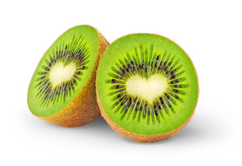 Isolated kiwi. One kiwi fruit cut in half with heart-shaped core isolated on a white background