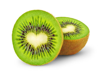 Isolated kiwi. One kiwi fruit cut in half with heart-shaped core isolated on a white background - obrazy, fototapety, plakaty