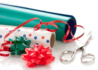 wrapping paper, ribbon and scissors