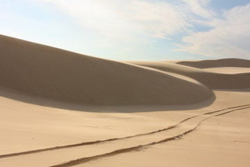 Fototapeta na wymiar Sand dune with tyre tracks