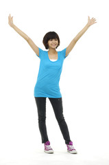 Happy asian  woman stretching up hands