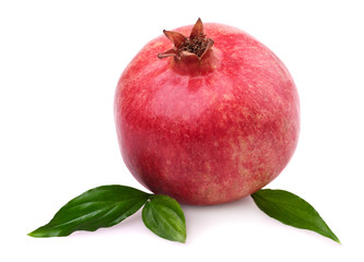 Juicy pomegranate with leaves. Isolated on a white background
