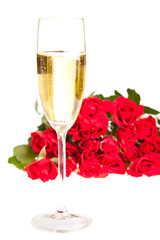 Valentine's day roses and champagne wine isolated on white