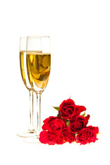 Valentine's day roses and champagne wine isolated on white