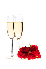 Valentine's day roses and champagne wine isolated on white