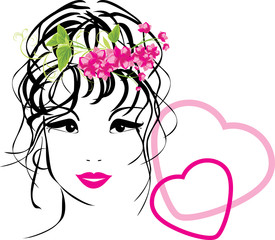 Portrait of woman with bouquet in hair. Valentines icon. Vector