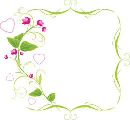 Sprig with pink flowers and hearts. Frame. Vector