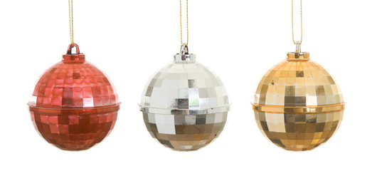 Three Hanging Metallic Disco Ball Christmas Ornaments, Isolated