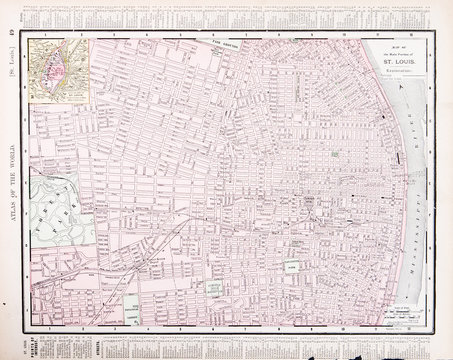 Detailed Vintage Color Street City Map, St. Louis, Missouri, USA