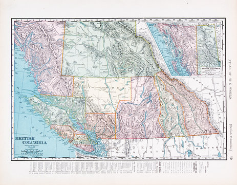 Antique Vintage Color Map of British Columbia, Canada