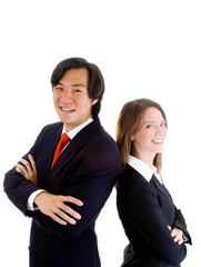 Smiling Asian Business Man Caucasian Woman Back-to-Back Isolated