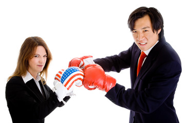 Chinese Man American Caucasian Woman Boxing Gloves Flag Isolated