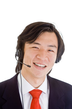 Happy Asian Customer Service Representative Man Wearing Headset