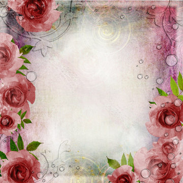 Vintage pink and green background with roses ( 1 of set)