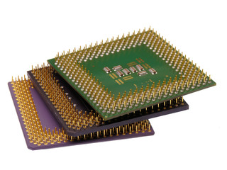 Pile of computer processors isolated on white