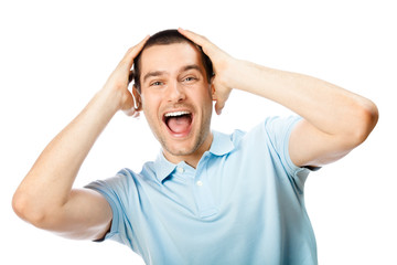 Expressive happy surprised man, isolated on white background