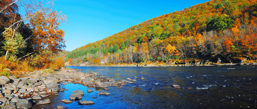 Autumn Mountain with river panorama