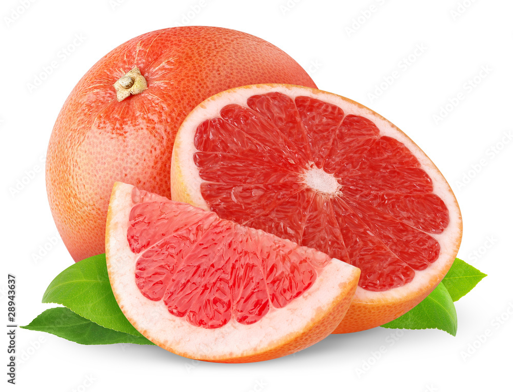 Poster isolated grapefruit. cut pink grapefruits with leaves isolated on white background