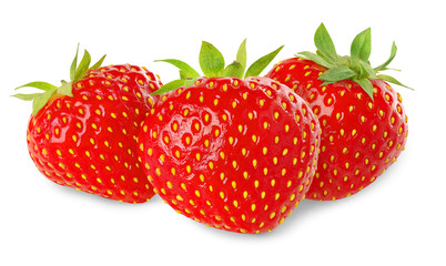 Isolated berries. Three strawberry fruits isolated on white background