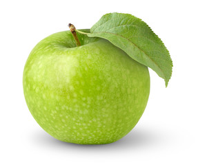 Isolated apple. Green 'granny smith' apple with leaf isolated on white background
