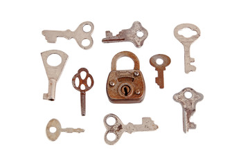 Old rusty padlock and key, isolated on white background