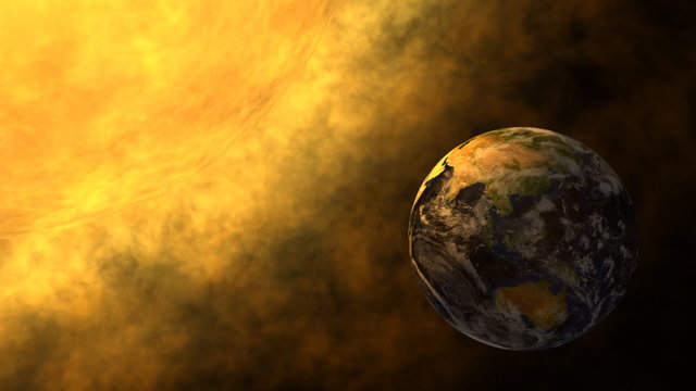 Planet Earth and glowing Sun, solar flare, global warming