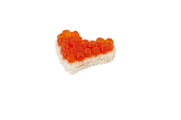 Bread in the form of a heart and red caviar