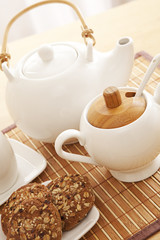 Close-up view of a tea set