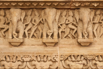 Elephants decorating a Hindu Temple at Khajuraho, India.