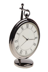 Retro pocket watch on stand isolated over white background.