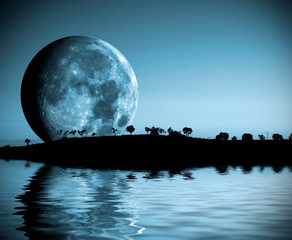 paisaje nocturno con lago y luna