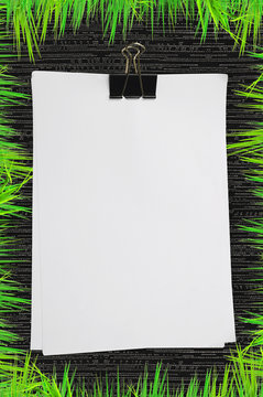 Black clip and white blank note paper with green grass