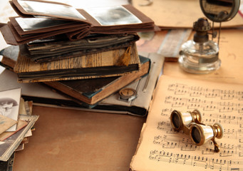 Retro books, note and old-fashioned objects