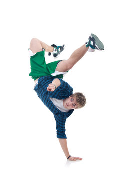 bboy standing on one hand and pointing