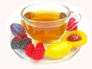 marmalade gelatin fruits and tea cup