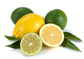 Lemon and lime with leaves