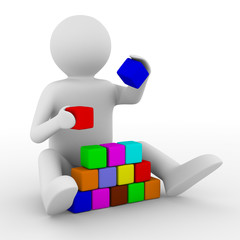 child plays cubes on white. Isolated 3D image