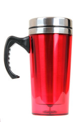 Heat protection- red thermos for coffee mug, isolated on white