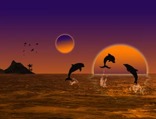 Afwasbaar Fotobehang Dolfijnen Prachtig landschap bij zonsondergang