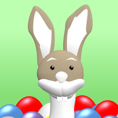 brauner Hase mit Knopfaugen und bunten Eiern