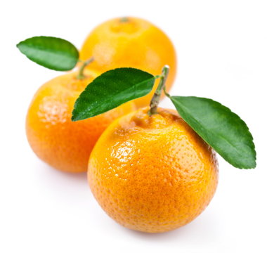 Image of a ripe tangerine with leaves on white background.