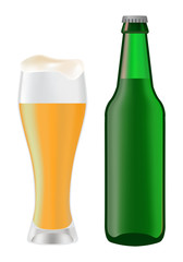 Beer in glass and green bottle of beer