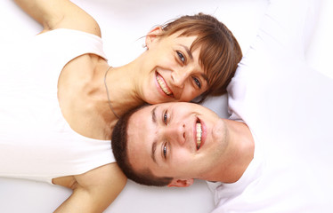 Fototapeta na wymiar Happy smiling couple in love, over white background