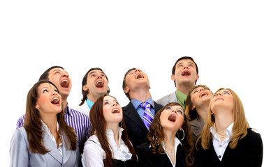 Closeup portrait of many men and women smiling and