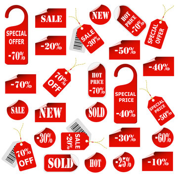 Set of red price tags and labels