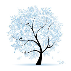 Fototapeta premium Winter tree, snowflakes. Christmas holiday.