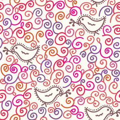 Seamless cartoon pattern with birds and spirals